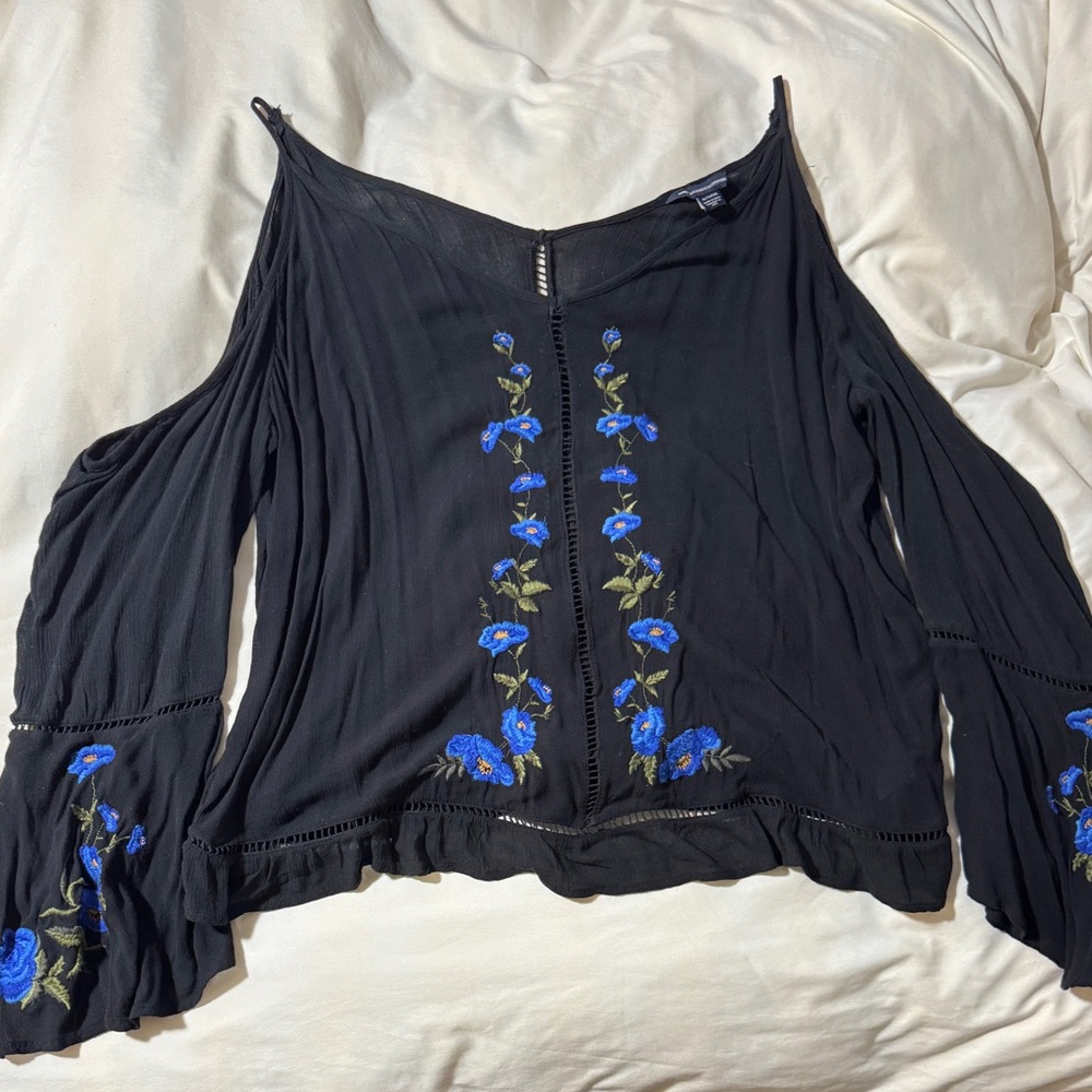 American Eagle Outfitters Black Blouse with Blue Floral Embroidery